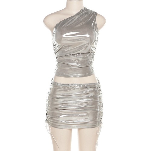 Womens Outfit One Shoulder Set Sleeveless Dress Shiny Clubwear Crop Top Ruched - Picture 11 of 35