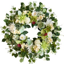 24 Inch Spring Wreath for Front Door, Artificial Green  White Floral Wreath ...