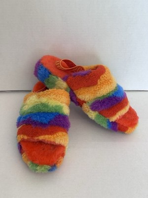 New UGG Fluff Yeah Slingback Slippers Women s 10 Cali Collage Rainbow Cozy Fuzzy