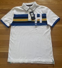 Boys Tommy Hilfiger NWT White Polo Blue/Yellow/Black Stripe Sewn H On Chest Sz L