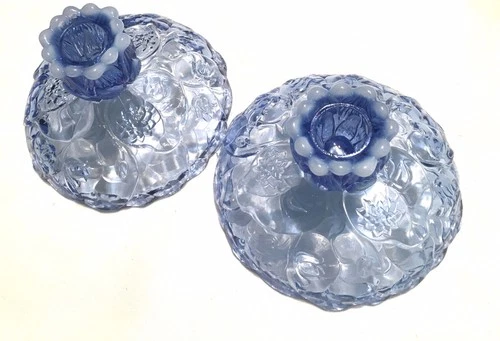 Vintage Fenton Blue Opalescent Glass Water Lily Candle Holders Set of 2