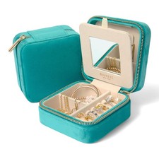 BLUTETE Travel Jewelry Box Organizer Velvet Travel Case With Mirror Ring Earr...
