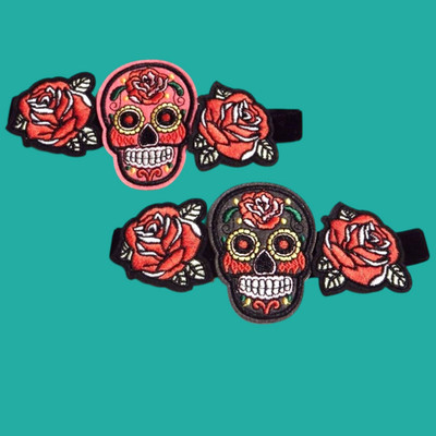 EMBROIDERED SUGAR SKULL VELVET CHOKER day of the dead roses necklace new U4