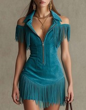 Retro Suede Fringe Off Shoulder Bodycon Dress...