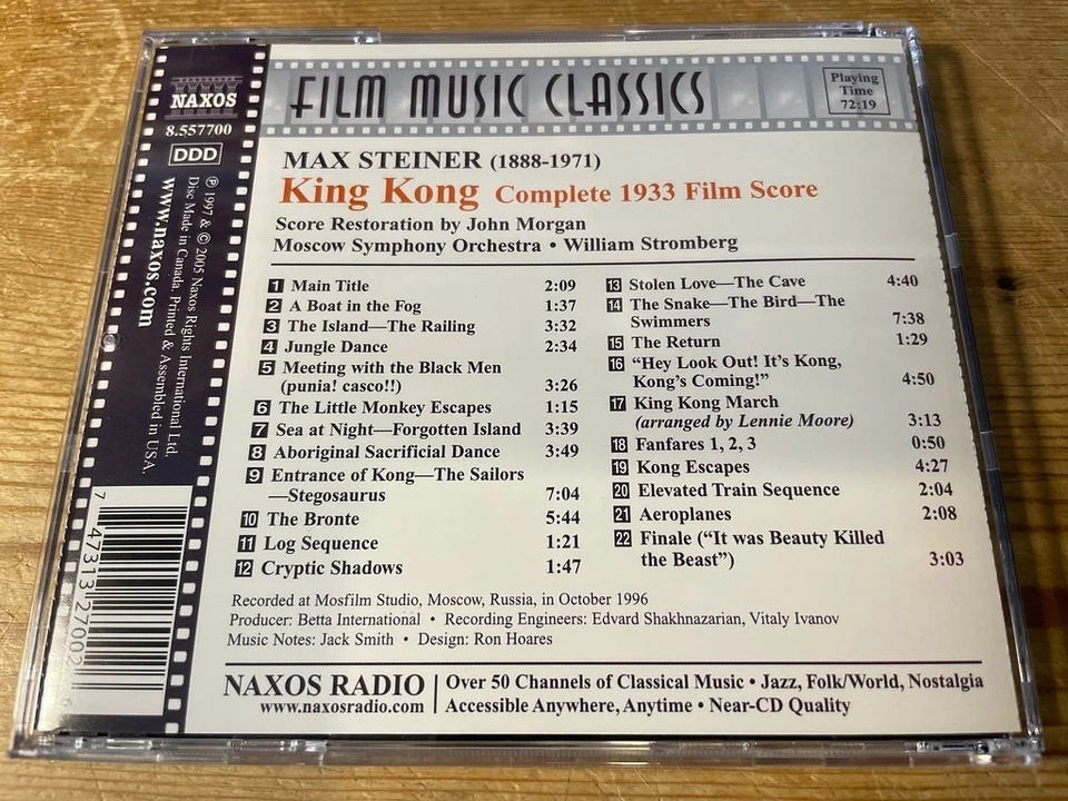 KING KONG (Max Steiner, William Stromberg, MSO) OOP Naxos Soundtrack Score CD EX - Image 2 of 2