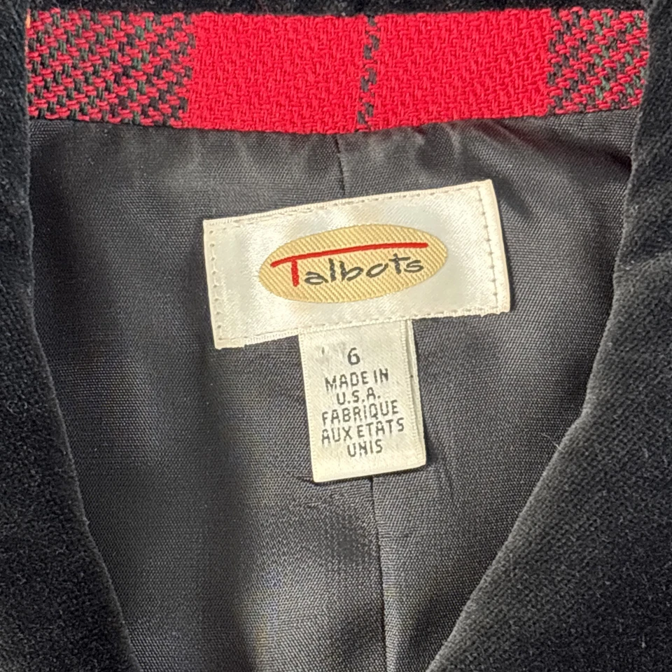 Blazer Talbots Rojo a Cuadros 100% Lana Cuello Terciopelo Botones Dorados Para Mujer Talla 6 EE. UU. Foto 2 de 4