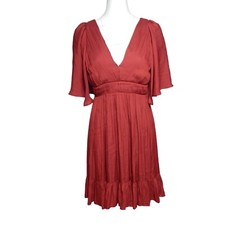 Halston Heritage Flowy Mini Dress Currant Red Cape Sleeve Deep V-Neck Size 6