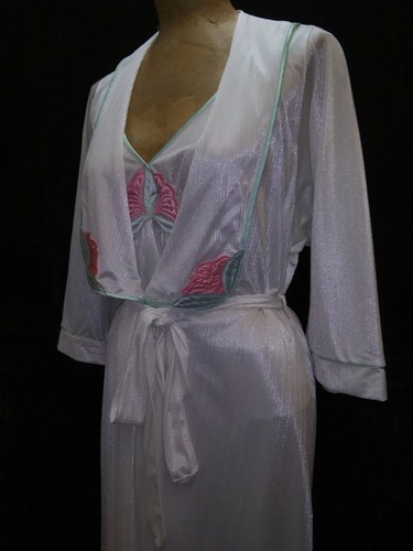 Vintage 1970's White Pink Green Nylon Nightgown & Robe Set by Val Mode S/M - Picture 8 of 11
