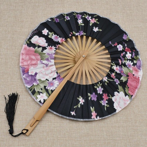 Japanese Windmill Circle Round Hand Fan Floral Fabric Wedding Party Folding Fan - Picture 10 of 15