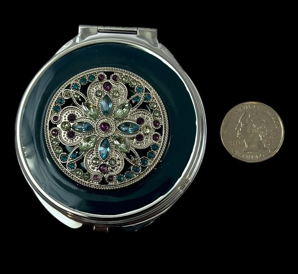 Spring Street Jeweled Rhinestone Mirror Compact Large Silver Tone - Image 3 of 4