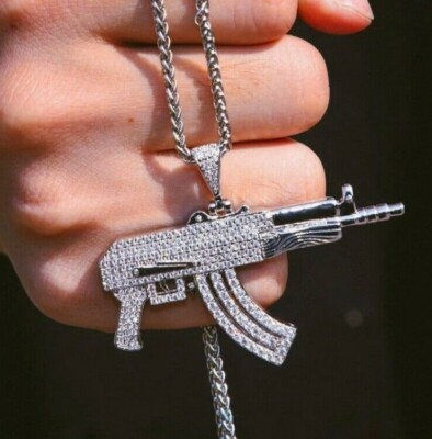 1.2ct Simulated diamond mens Iced AK-47 Rifle Pendant 925 Silver free gift