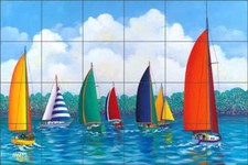 Sailboat Tile Backsplash Ceramic Mural Harris Nautical Boat Art POV-HHA015