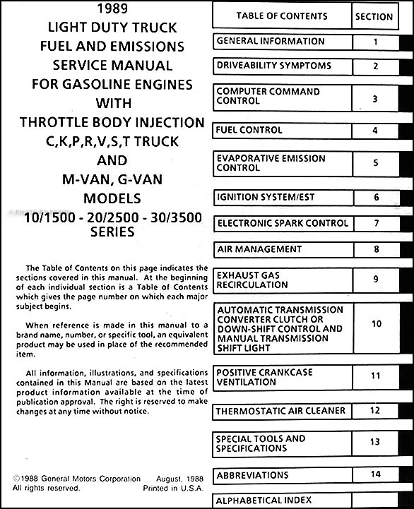 GMC gasolina combustible y emisiones 1989 manual de taller Sierra S15 furgoneta Suburban Jimmy Safari Foto 2 de 2