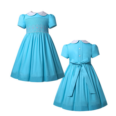 Girls Hand Smocked Blue Summer Dress Embroidered Puff Sleeves Party Dress |  eBay