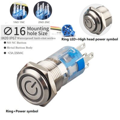 16mm Ring Led+High head Power symbol IP67Stainless steel Anti-vandal Push button