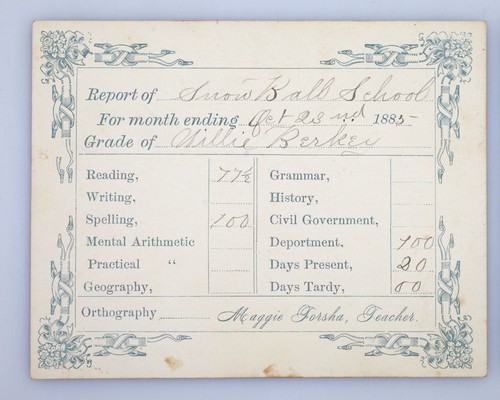 4 Vintage 1880s Report Cards for Willie Berkey at Snow Ball School Arkansas (?) - Picture 3 of 3