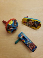 3 Vintage Holiday Party Noisemakers With Clowns And Dancing US Metal Toy mfg