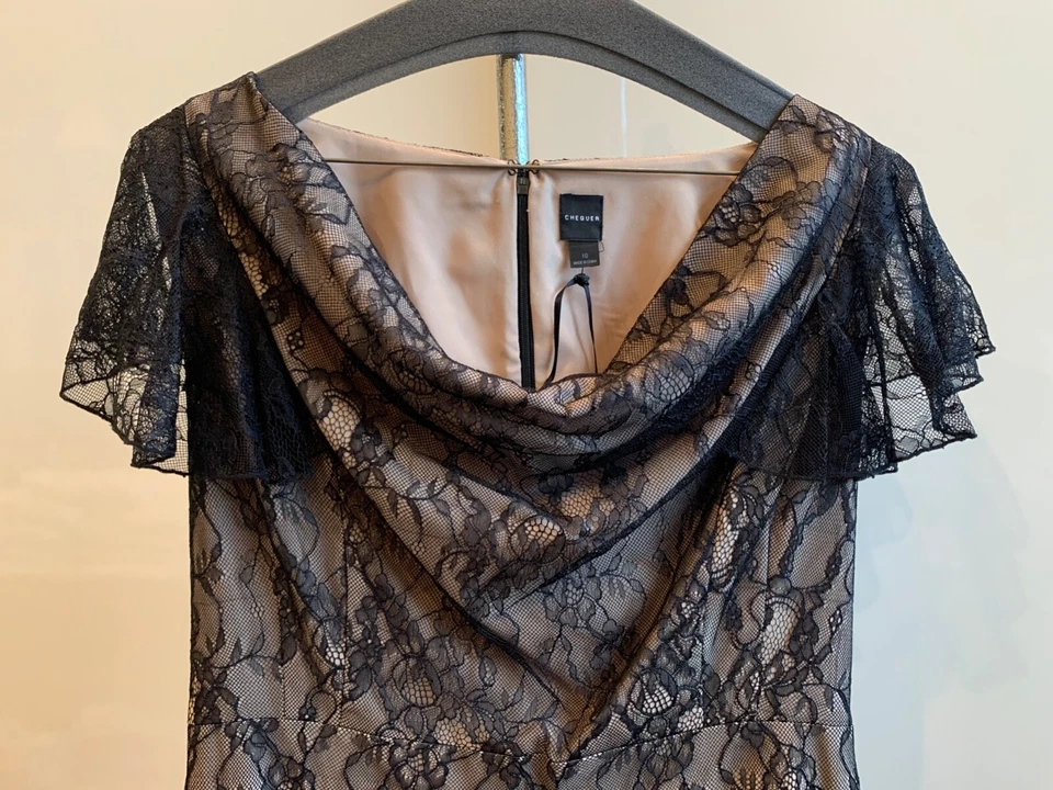 Vestido feminino CHEQUER preto sobreposição de renda TAMANHO 10 NOVO SEM ETIQUETAS - Imagem 3 de 4