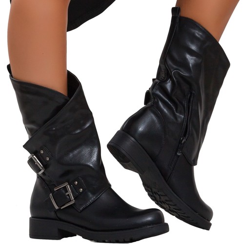 Stivali donna bassi biker boots motociclista stivaletti fibbie anfibi - Foto 5 di 18