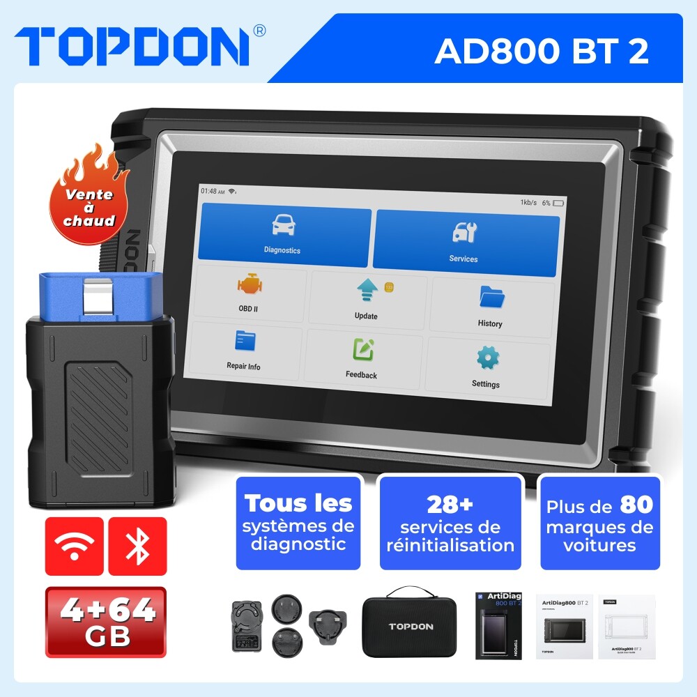 TOPDON AD800 BT Scanner OBD2 sans Fil pour Préparer le Contrôle Technique Automobile Facilement