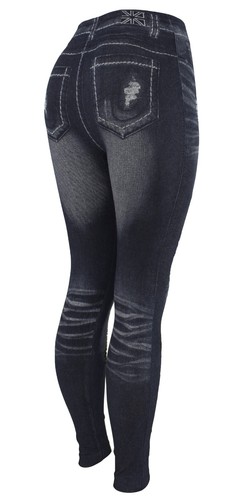 High Waist Womens Ripped Faux Denim Jean Leggings, Slim Stretch Jegging - Picture 15 of 19