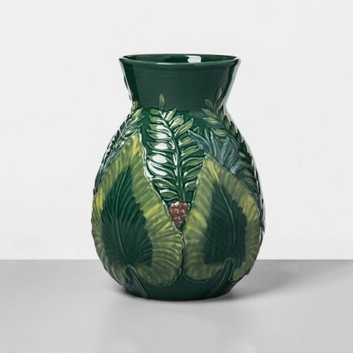 Opalhouse MAIOLICA VASE STONEWARE GREEN LEAF FLORAL 11.6 X 8.5" (I HAVE