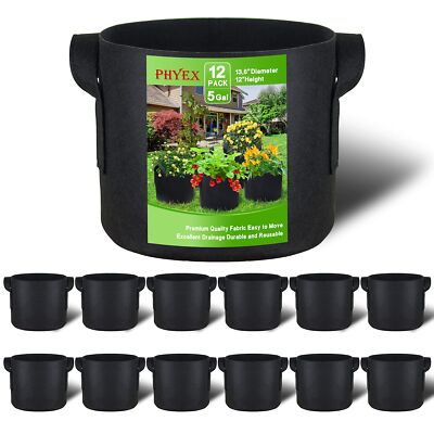 12-Pack 5 Gallon Nonwoven Grow Bags Heavy Duty Aeration Fabric Pots with Durable