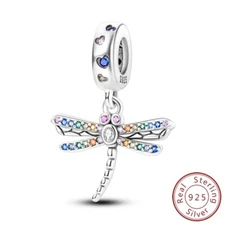 MULA 925 Sterling Silver Charm AAA CZ Summer Dragonfly Dangle fit Bracelet Chain