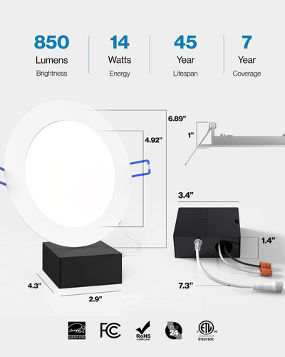 4 Pack 6 Inch Ultra Thin LED Recessed Ceiling Lights, 2700K Soft White, Dimmable - Picture 5 of 7