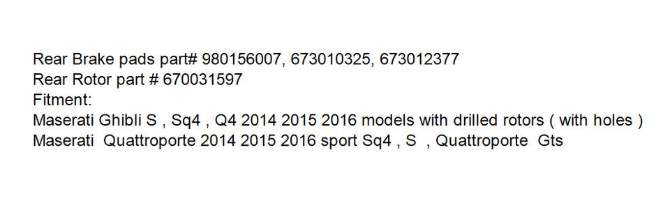 PARA 2014 2015 2016 Maserati Ghibli S Q4 3.0L Pastillas de freno y rotores traseros de cerámica Foto 2 de 4