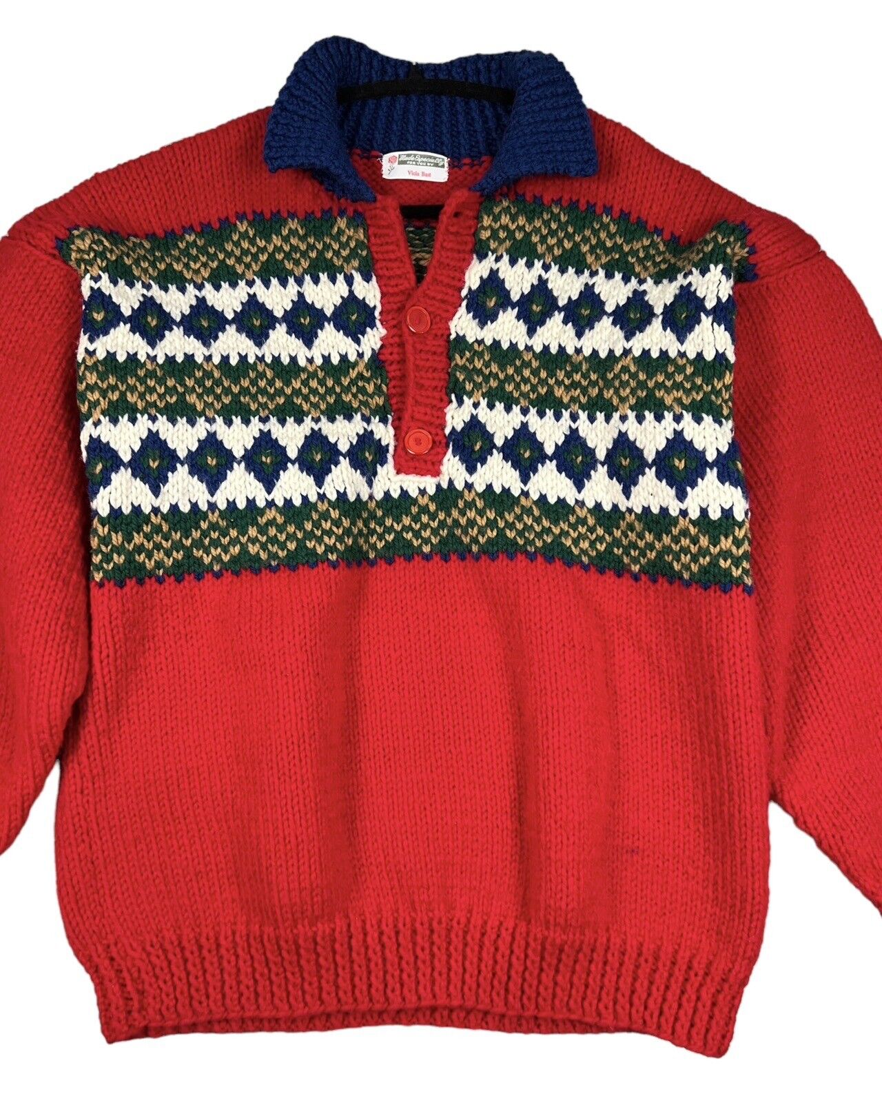 VTG Mens Size L Red Hand Knitted Sweater Pullover… - image 5