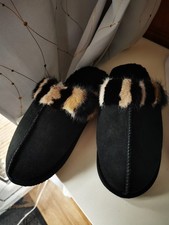 Genuine Sheepskin Wool 38 Shearling black slippers shoe suede UK 5 real fur trim