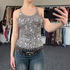 Top Cami Vintage Y2K Argento Paillettes Uncinetto Orlo Perline