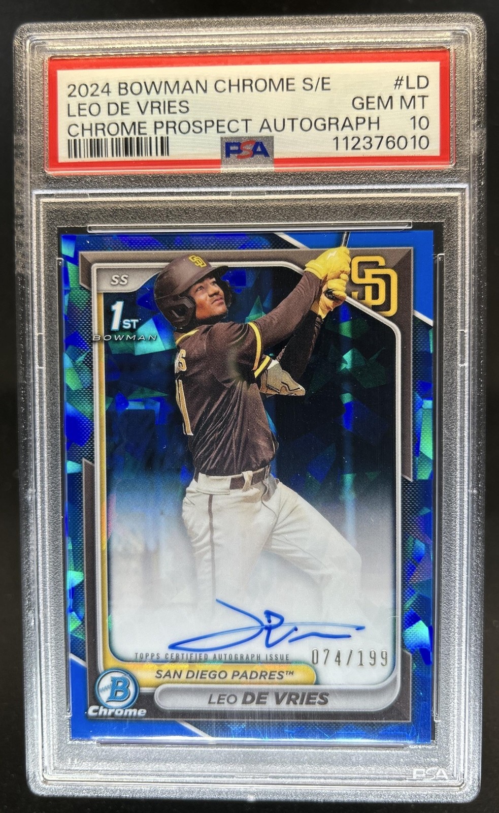 2024 Bowman Chrome Sapphire Leo De Vries Prospect Auto #/199 Padres PSA 10