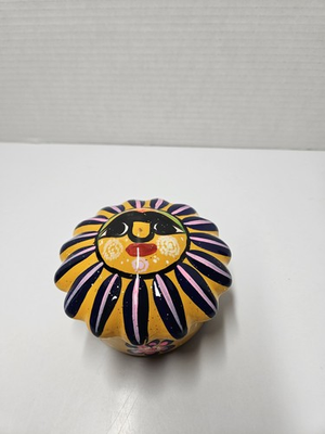 #ad Mexican Pottery Folk Art Sun Hand Painted Clay Jewelry Box $14.00