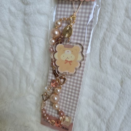 New Sanrio Ivory Beaded Phone Charm Strap Wristlet Girly Chic Pompompurin Bear - 第 1/3 張圖片