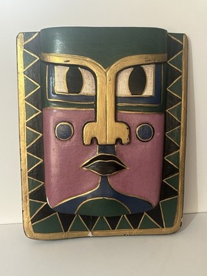Vintage Laurel Burch Tribal Holz Gesichtsmaske Wandbehang Volkskunst