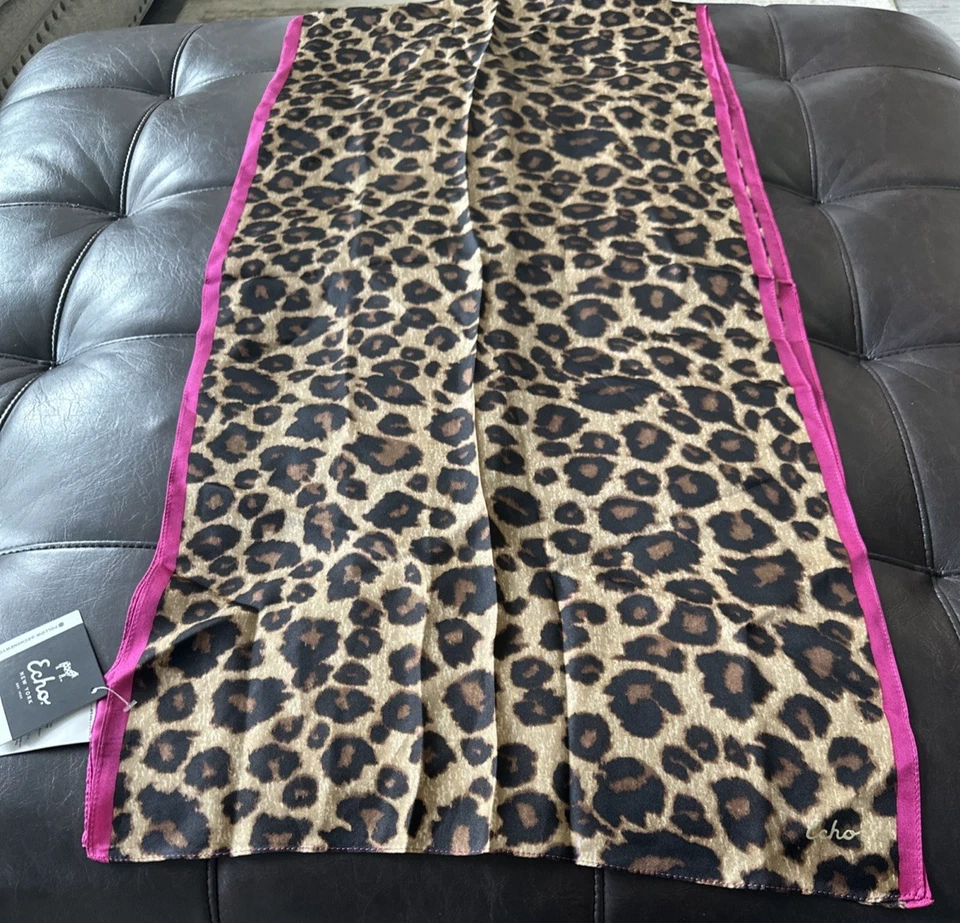 Echo New York Leopard Print 100% Silk Scarf Pink Trim Brown 13" X 72' - Image 3 of 4