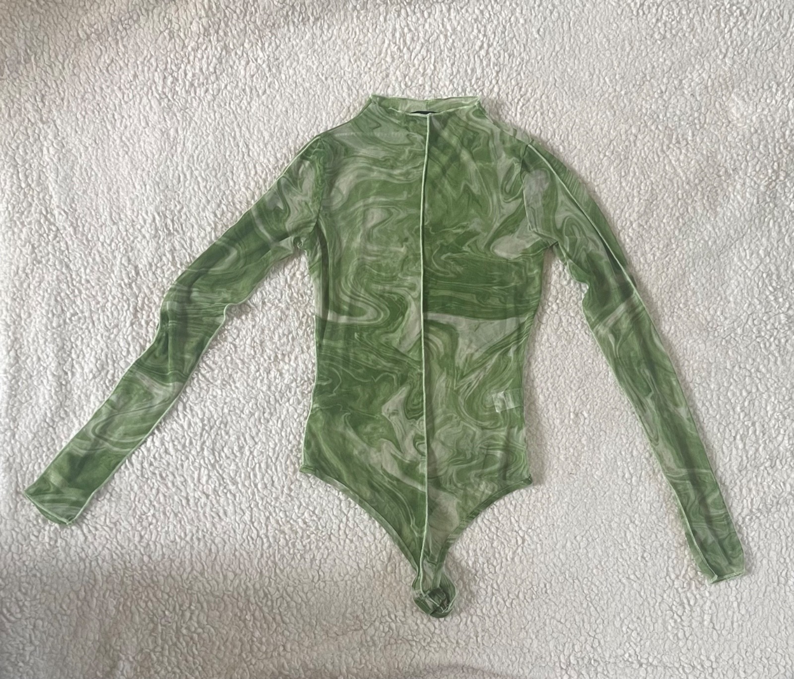 Naked Wardrobe Green Marble Print Mesh Long Sleeve Bodysuit Size M