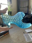 VTG Fenton Sky Blue Opalescent Hobnail Cat Head Queen Kitten Slipper Shoe 5.5”
