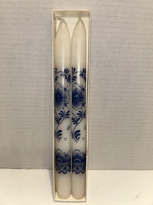 Delft Holland Taper Candles White Blue Set of 2  10-inch NOS Vintage Open Box