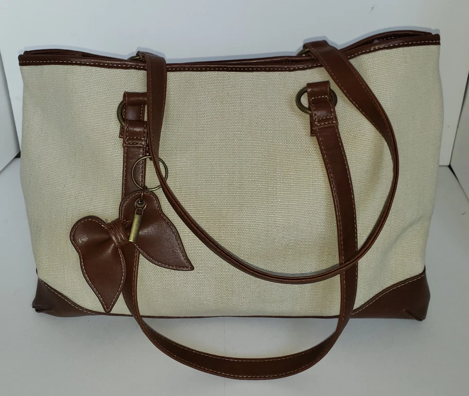 Bolsa tote vintage Coldwater Creek couro lona marrom creme borboleta GG - Imagem 2 de 4