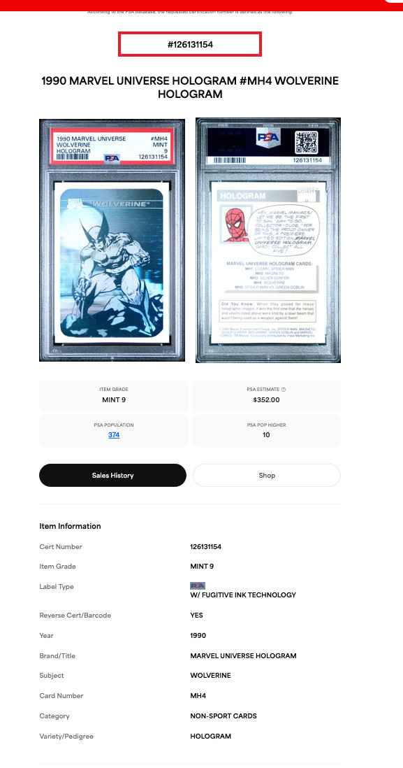 1990 MARVEL UNIVERSE HOLOGRAM #MH4  Wolverine PSA 9 view 3