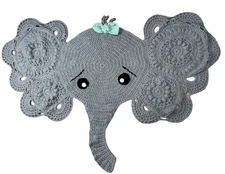 Handmade Crochet Knit Elephant Rug For Nursery Baby Kids Room Mint Bow 67”x 47”