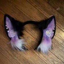 Black Purple Faux Fur Cat Ears Headband with Glitter Embellishments, One Size