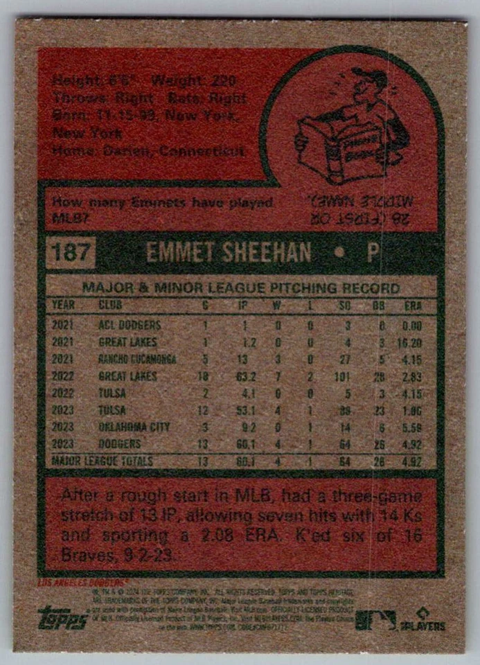 2024 Topps Heritage Emmet Sheehan Rookie Los Angeles Dodgers #187 - Image 2 of 2