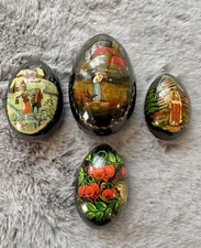 4 Vintage Russian Eggs, Hand Painted Lacquer 3 Collectible Scenes, One Floral