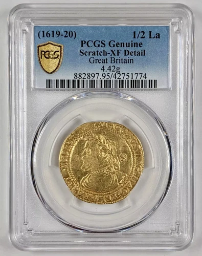 ENGLAND. James I, 1619-1620. Hammered GOLD, Half Laurel, S-2640, NGC XF