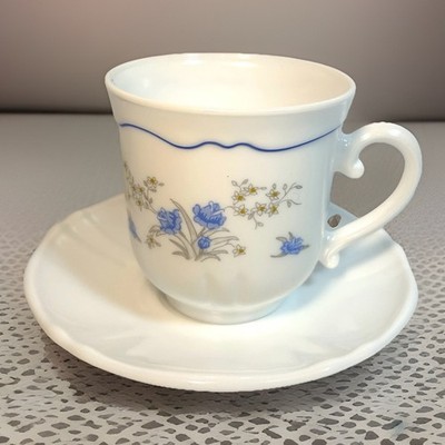 Vintage Arcopal France Milk Glass Espresso Cup and Saucer Floral Blue