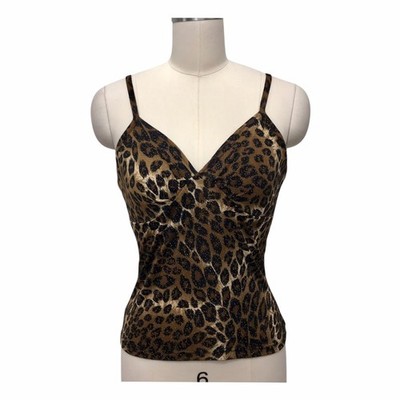 VTG 90 s Y2K No Boundaries Babydoll Cami Top Leopard Print Velour Glitter Sz M